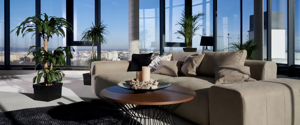 modern spacious room with large panoramic window.